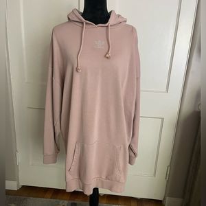 Adidas Ladies Slouchy Hoody Dress Rhinestone Trim Hem Pocket Hood Dusky Pink
